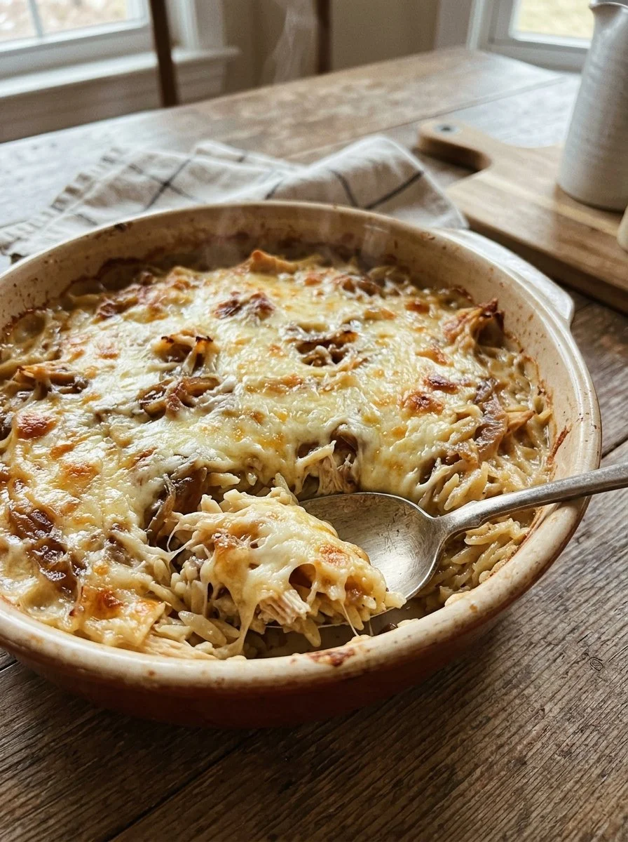 French Onion Chicken Orzo Casserole