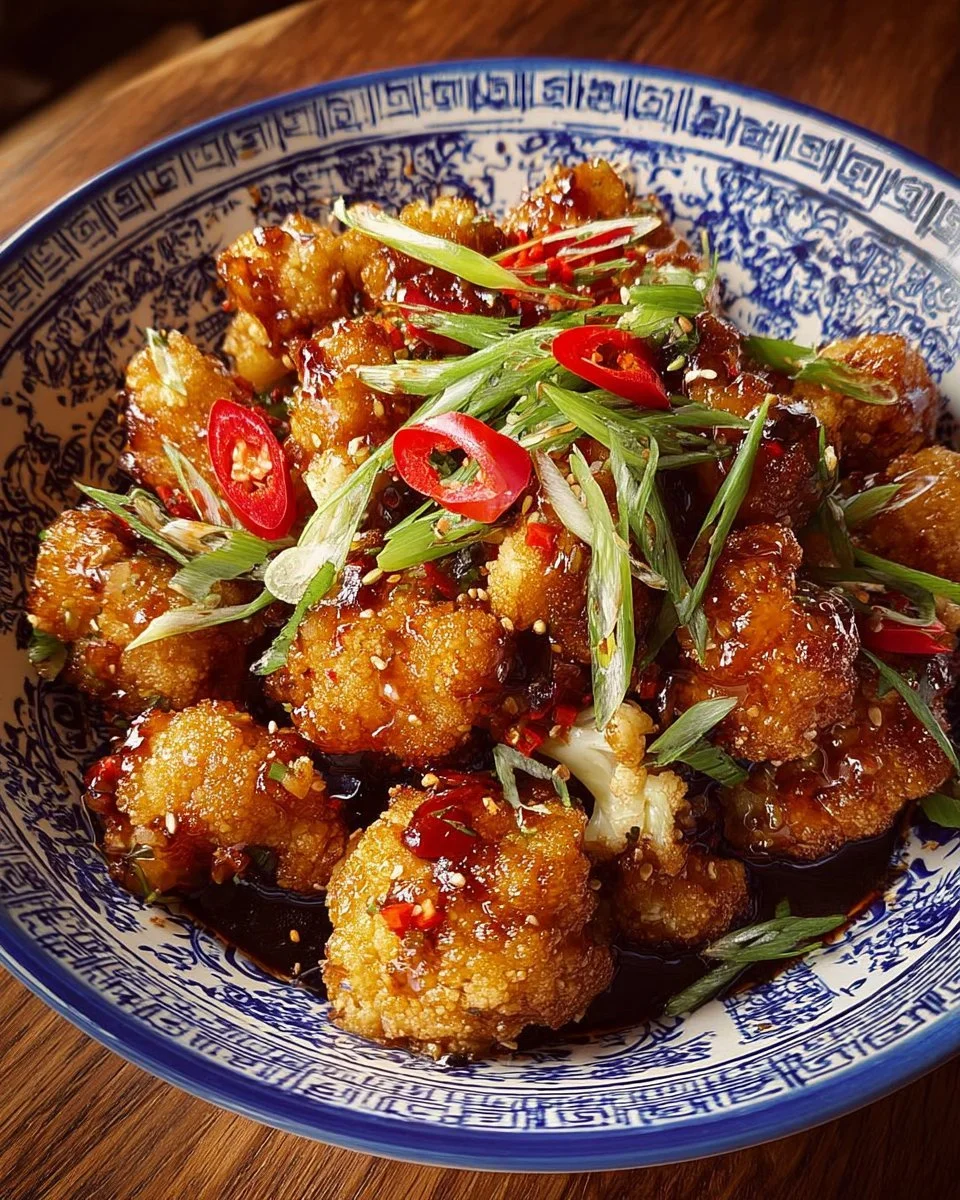 Delicious General Tso’s Cauliflower Bowls served in a bowl with fresh veggies