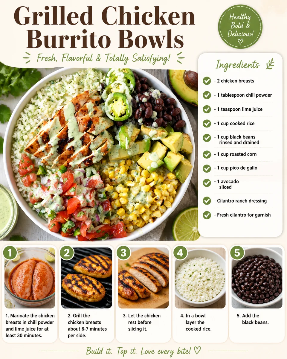 Delicious grilled chicken burrito bowl with fresh ingredients