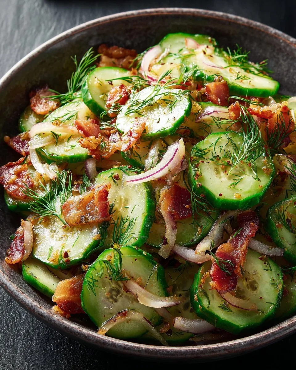 Healthy cucumber salad with bacon served in a bowl