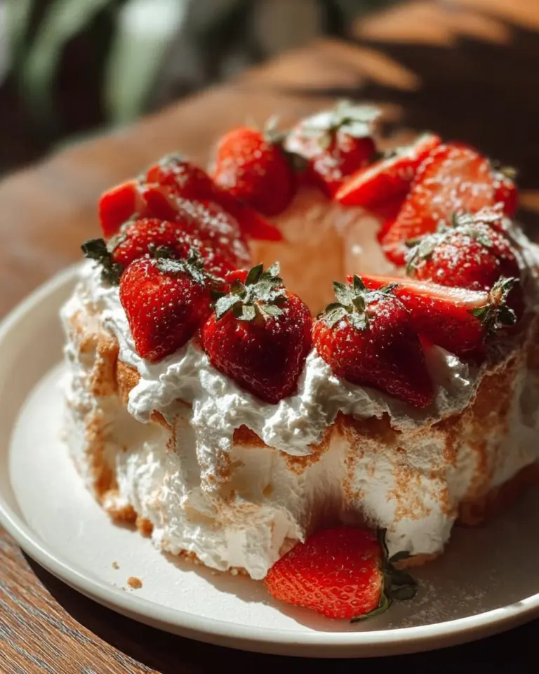 Heavenly strawberry angel food cake topped with fresh strawberries and whipped cream.