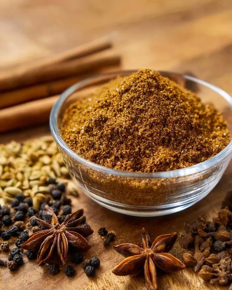 Homemade five spice powder in a bowl with spices scattered around.