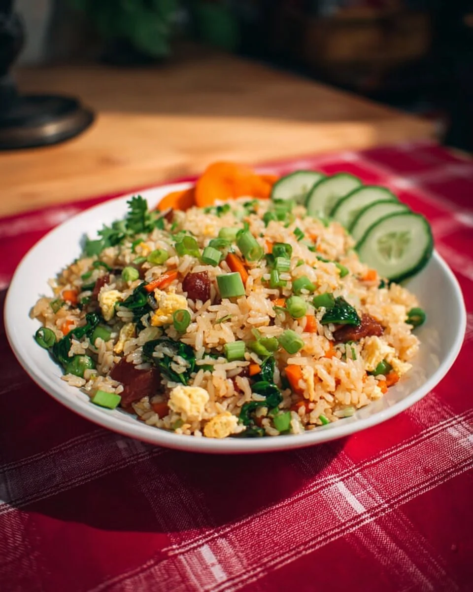 Plate of Chinese sausage fried rice with vegetables and herbs
