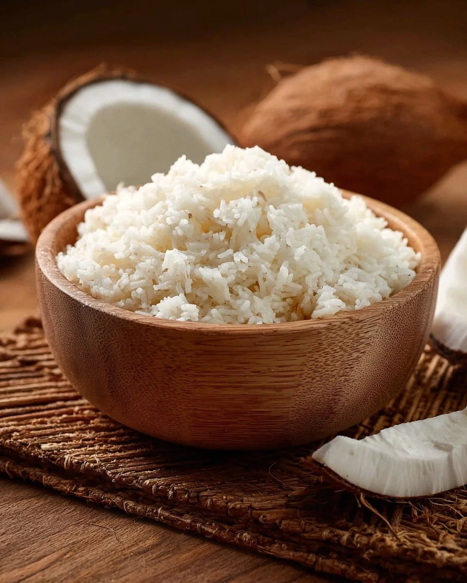 Delicious bowl of irresistible coconut rice garnished with fresh herbs