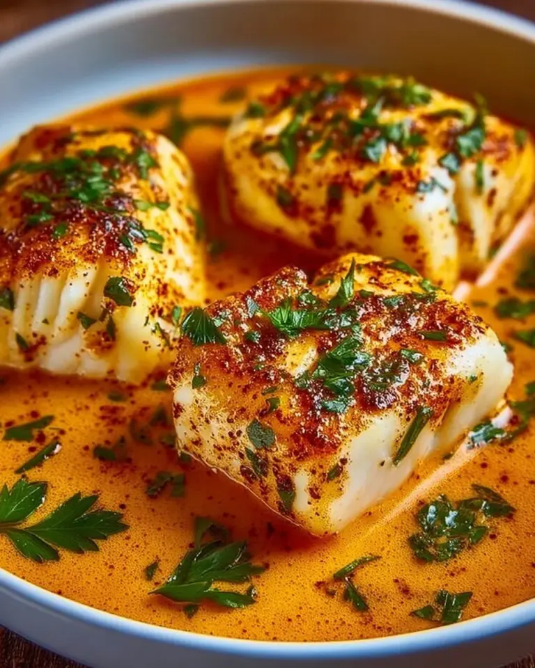 Delicious cod fillets in roasted red pepper sauce served on a plate