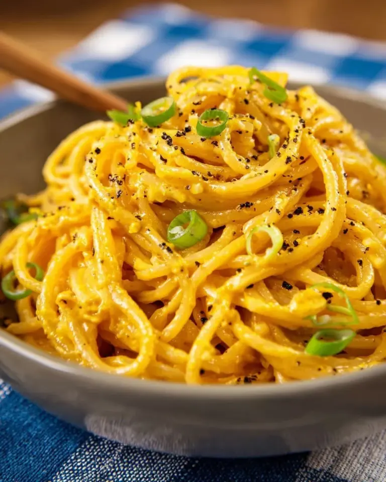Bowl of irresistible garlic noodles topped with herbs and spices