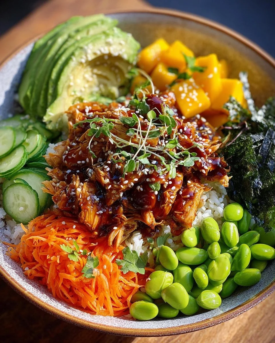Irresistibly sticky chicken poke bowls served with fresh vegetables and rice