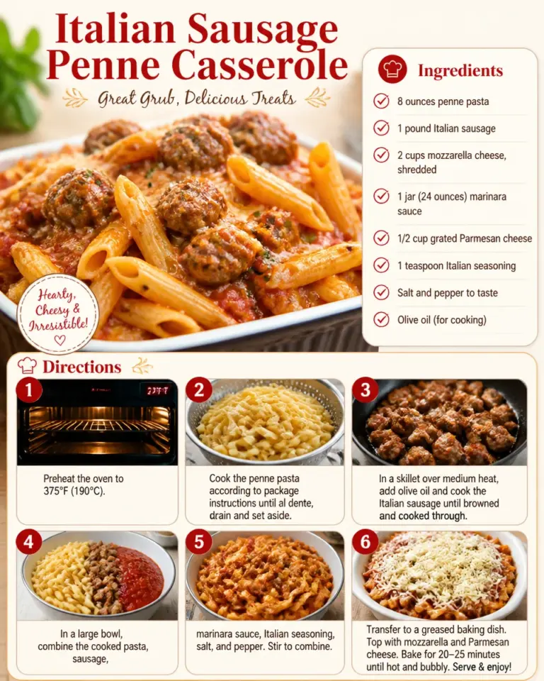 Delicious Italian sausage penne casserole topped with cheese and herbs