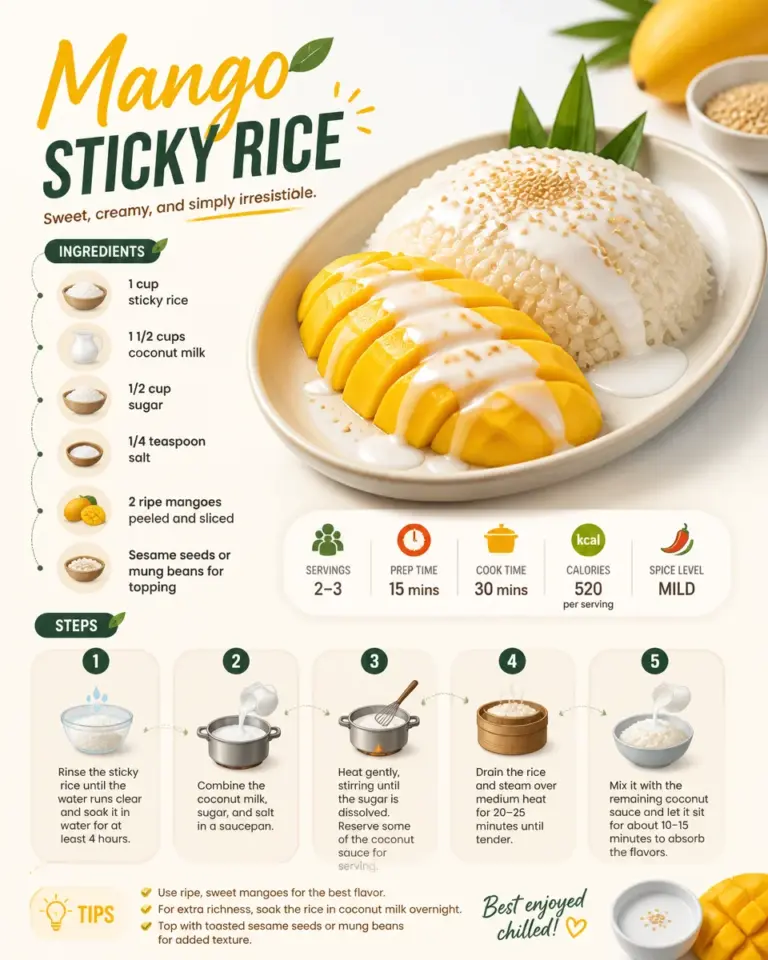 Delicious mango sticky rice served with ripe mango and coconut sauce