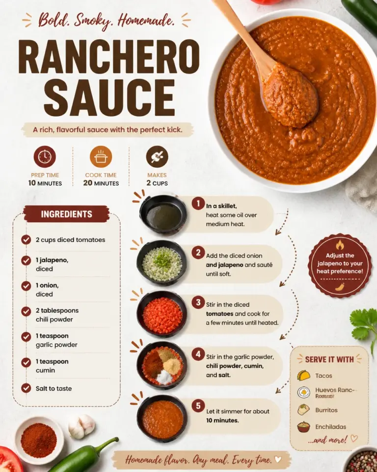 Homemade Ranchero Sauce in a bowl with fresh ingredients