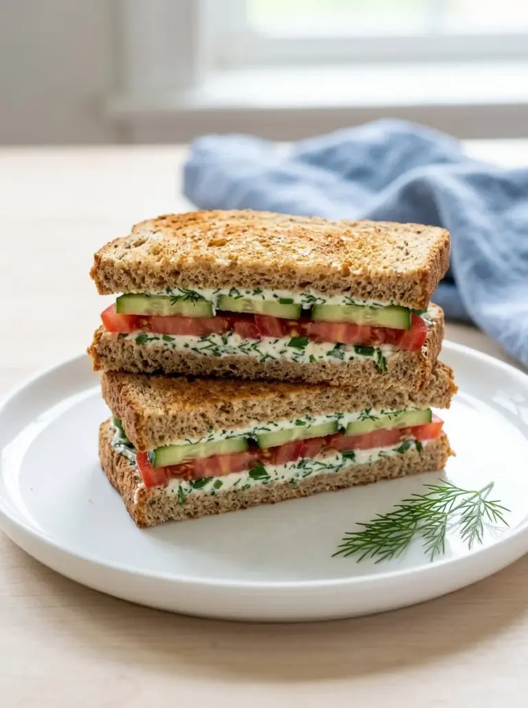Refreshing cucumber tomato sandwich with fresh vegetables and herbs