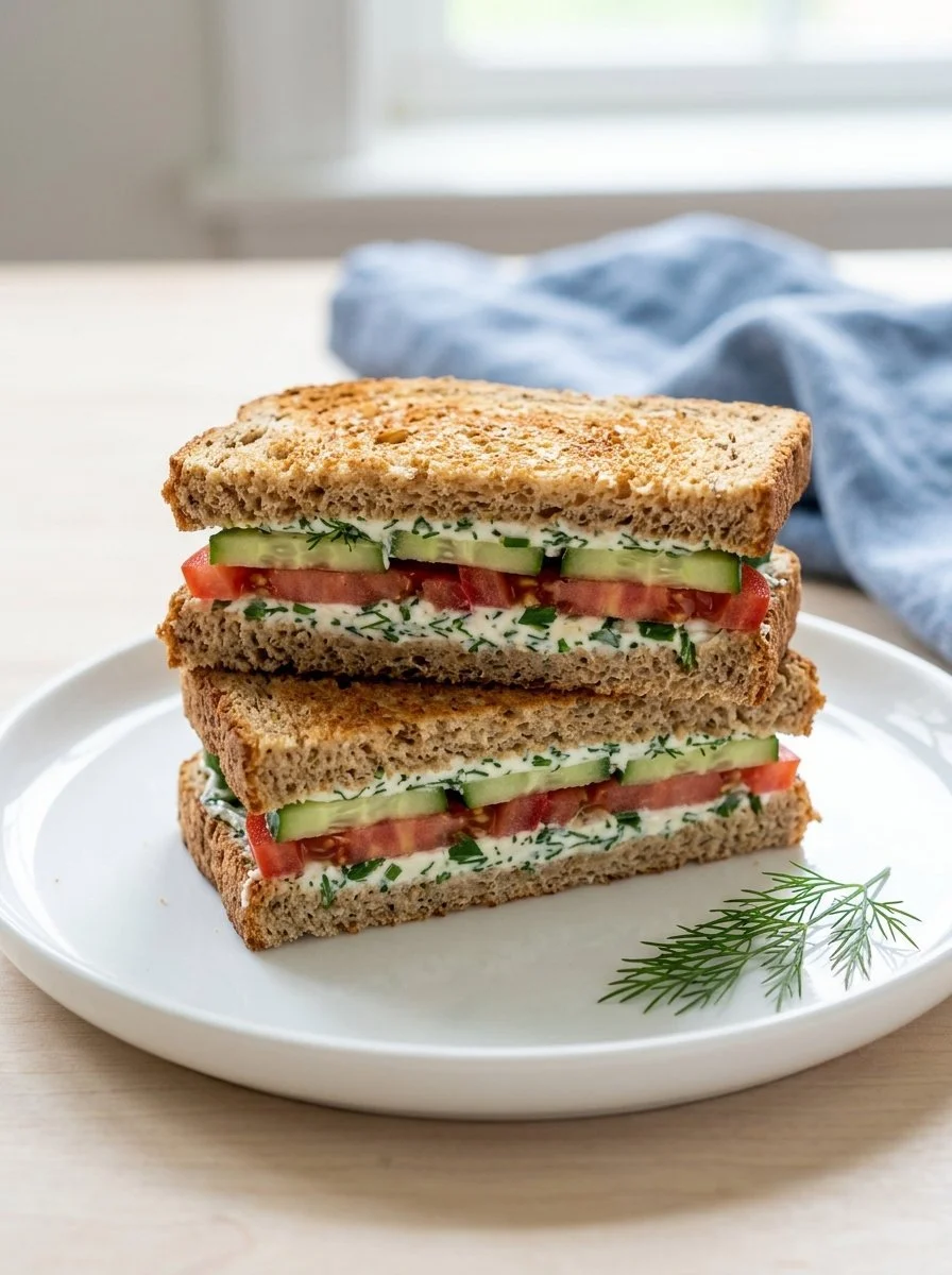 Refreshing cucumber tomato sandwich with fresh vegetables and herbs