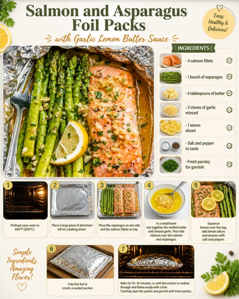 Salmon and asparagus foil packs with garlic lemon butter sauce on a plate.