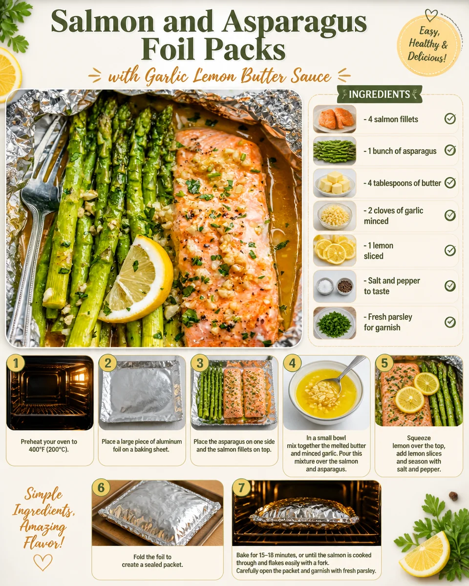 Salmon and asparagus foil packs with garlic lemon butter sauce on a plate.