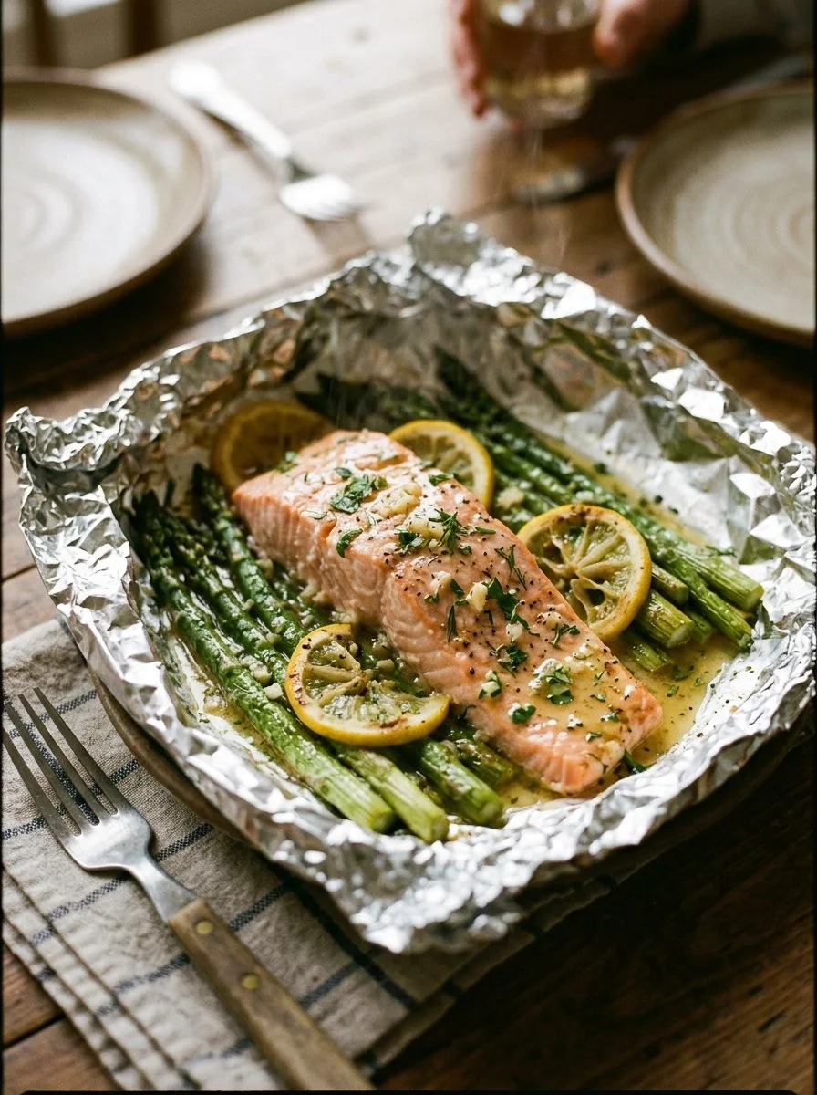 Salmon and Asparagus Foil Packs with Garlic Lemon Butter Sauce