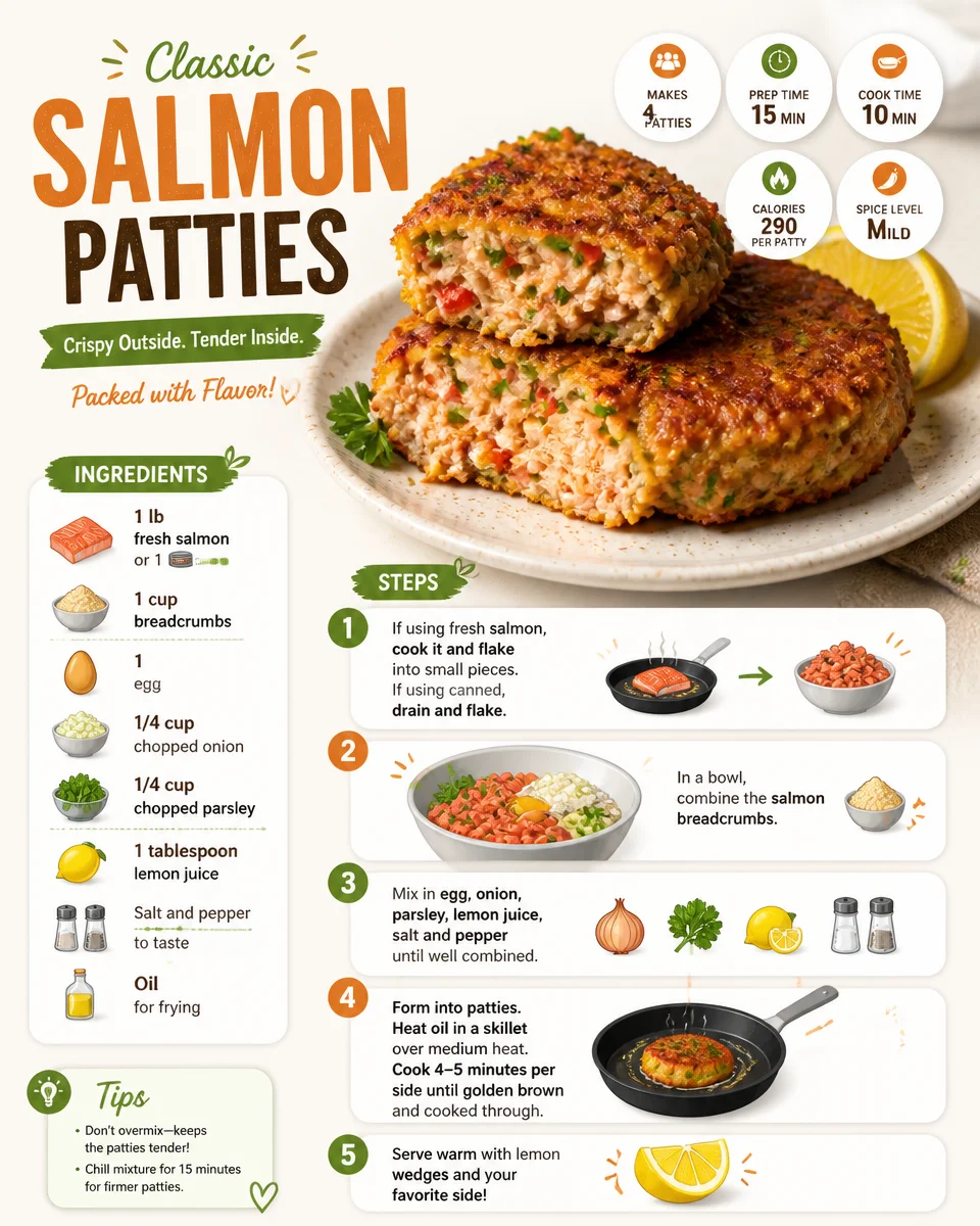 Homemade salmon patties served with lemon wedges and herbs.