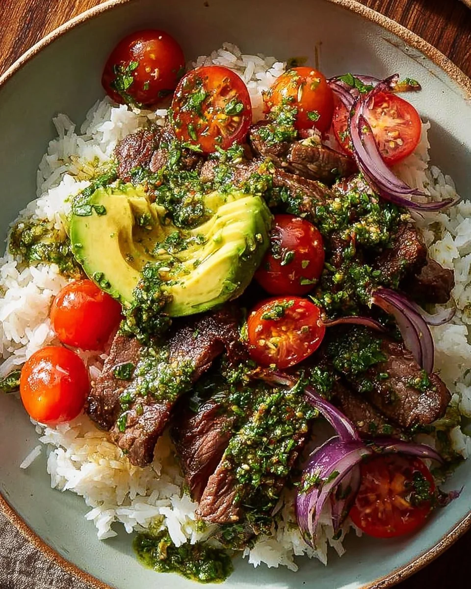 Scrumptious skirt steak rice bowls with chimichurri sauce served in a bowl