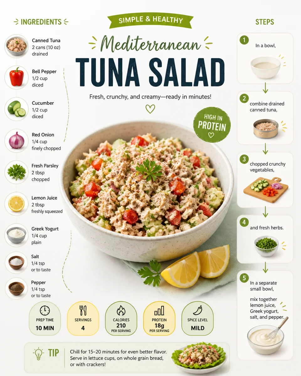 Delicious Simple Mediterranean Tuna Salad with fresh ingredients in a bowl