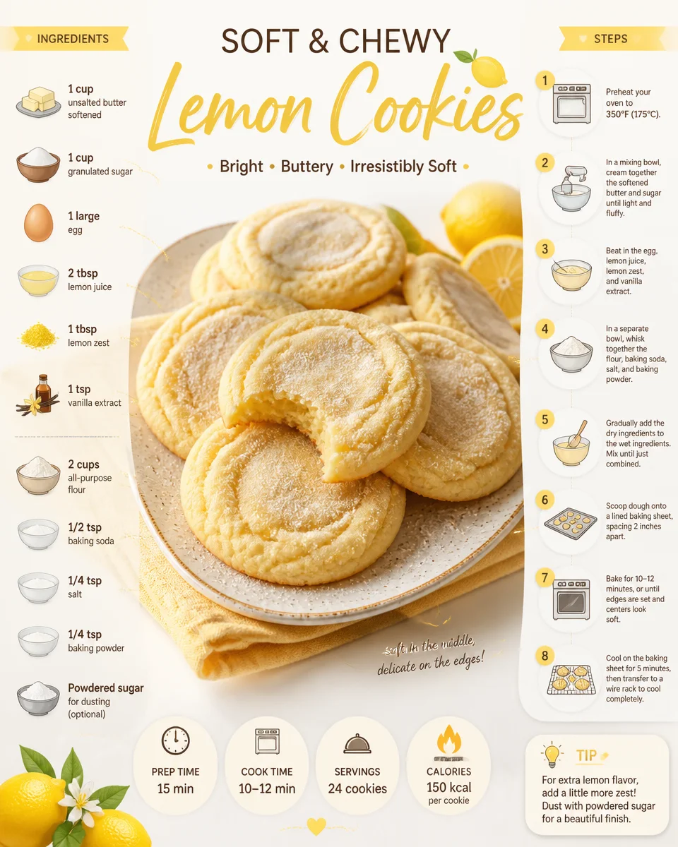 Plate of soft and chewy lemon cookies with zest and icing sugar
