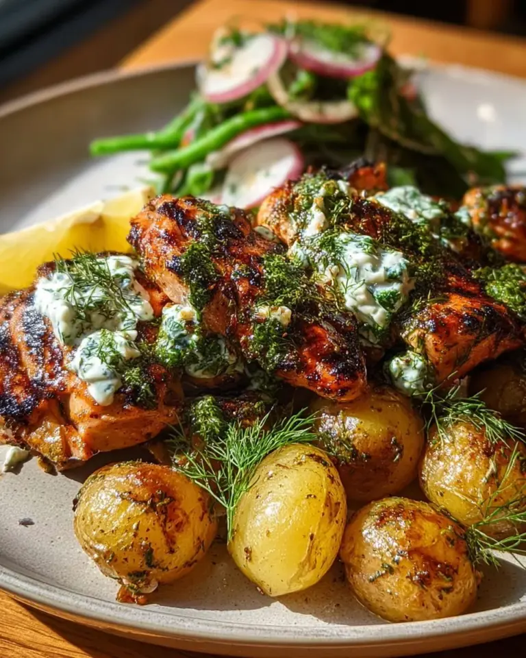 Spicy yogurt marinated chicken with dill feta cream and crispy baby potatoes