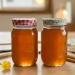 Homemade dandelion syrup in a jar with flowers around it