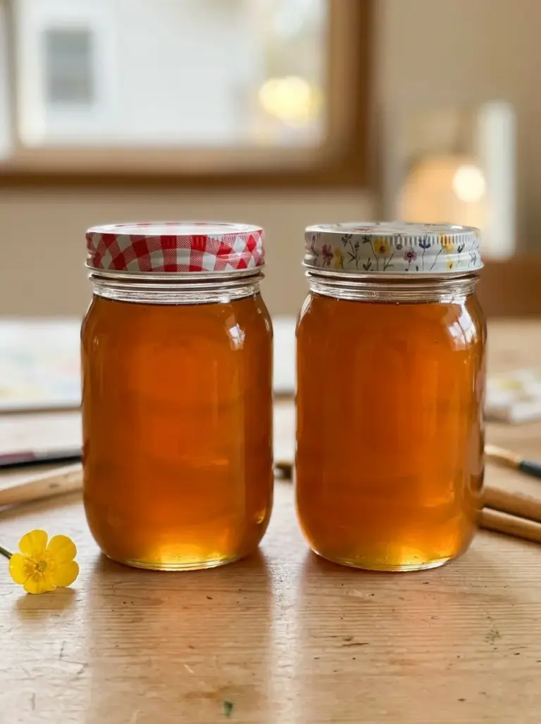 Homemade dandelion syrup in a jar with flowers around it