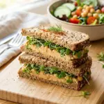 Delicious chickpea salad sandwich on whole grain bread with fresh vegetables