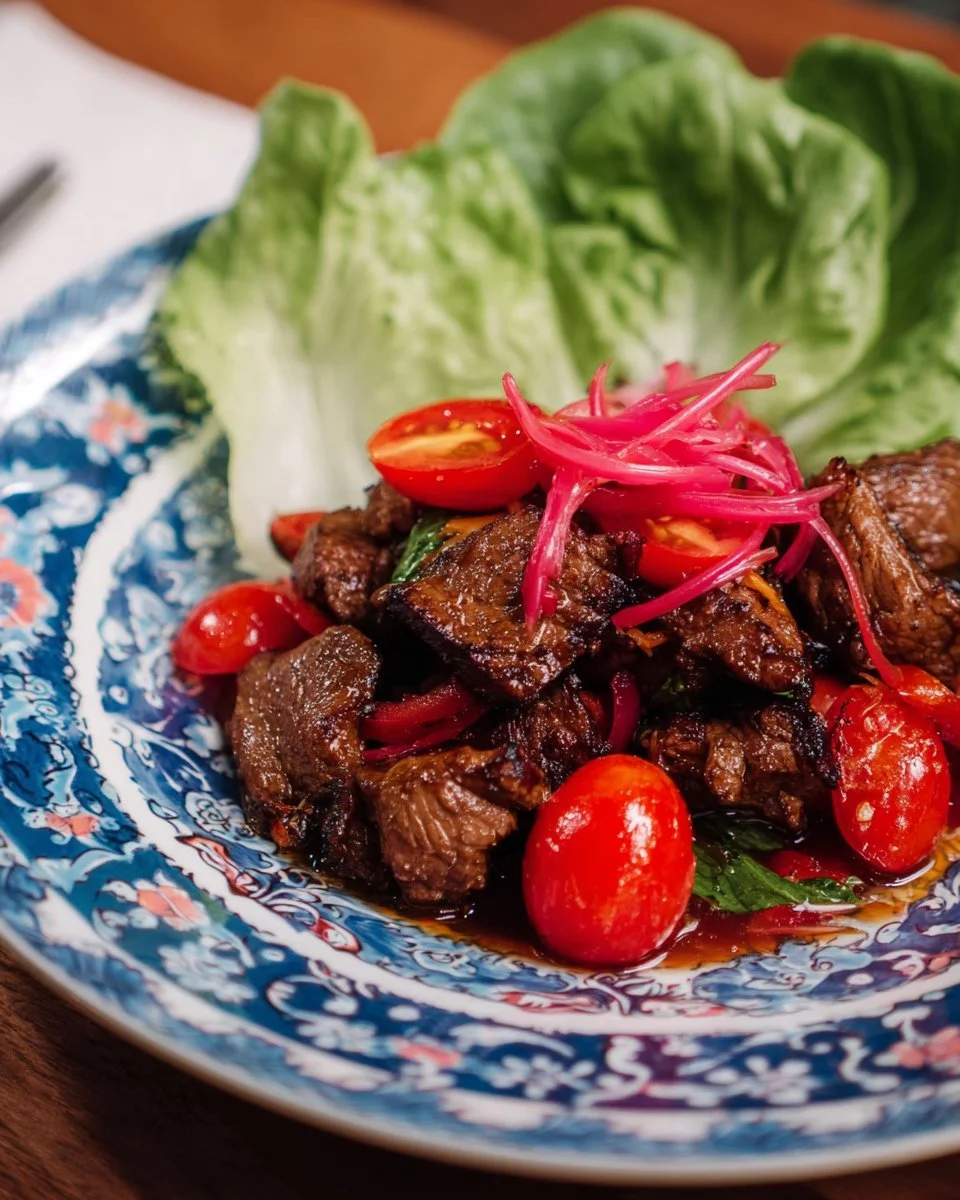 Delicious plate of Ultimate Shaking Beef served with fresh vegetables